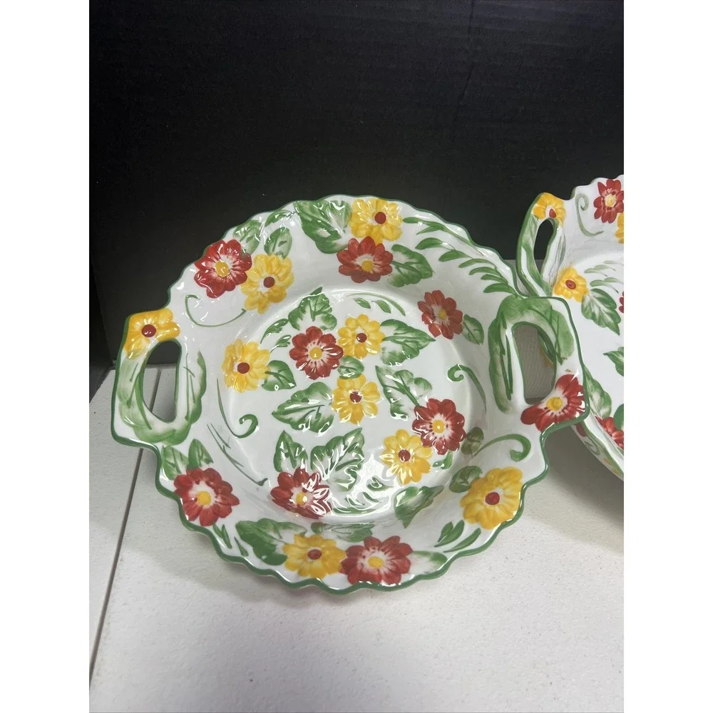 Set Of 2 TEMP-TATIONS By Tara Casserole Baking Dishes Red‎ Yellow Floral